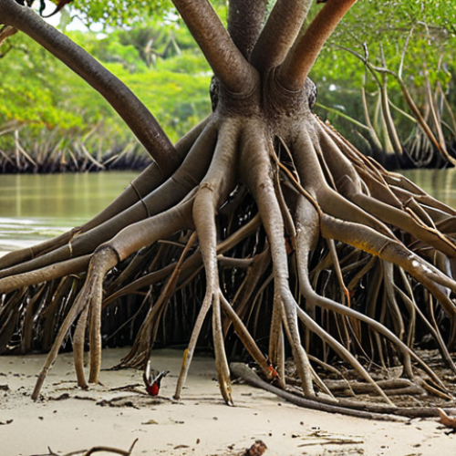 Home 4 **
A vibrant mangrove forest teeming with life. Focus on the intricate root systems, with fiddler crabs scuttling on the sand and small fish darting among the roots. Show migratory birds perched in the branches. The overall feel should be of a biodiversity hotspot.
**