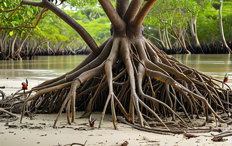 **
A vibrant mangrove forest teeming with life. Focus on the intricate root systems, with fiddler crabs scuttling on the sand and small fish darting among the roots. Show migratory birds perched in the branches. The overall feel should be of a biodiversity hotspot.
**