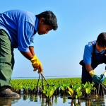 Home 7 Mangrove Conservation Efforts**
"Volunteers planting mangrove seedlings in a coastal area, fully clothed in work attire, with clear blue sky and calm water in the background. Safe for work, appropriate content, professional, perfect anatomy, correct proportions, natural pose, well-formed hands, proper finger count, natural body proportions, modest clothing, safe for work."
**