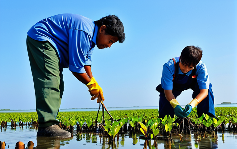 Mangrove Conservation Efforts**
"Volunteers planting mangrove seedlings in a coastal area, fully clothed in work attire, with clear blue sky and calm water in the background. Safe for work, appropriate content, professional, perfect anatomy, correct proportions, natural pose, well-formed hands, proper finger count, natural body proportions, modest clothing, safe for work."
**