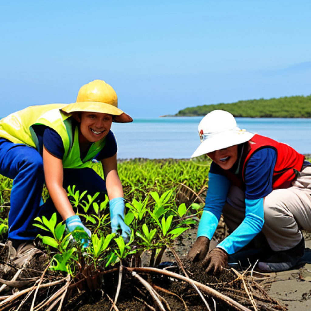 Mangrove Restoration Project**
"A group of volunteers, fully clothed in appropriate work attire, planting mangrove seedlings in a coastal area. Focus on the intricate root systems and the hopeful expression on the volunteers' faces. Background includes the ocean and a clear sky. safe for work, appropriate content, professional, perfect anatomy, natural proportions, well-formed hands, family-friendly, modest clothing."
**