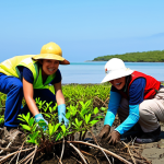 Home 6 Mangrove Restoration Project**
"A group of volunteers, fully clothed in appropriate work attire, planting mangrove seedlings in a coastal area. Focus on the intricate root systems and the hopeful expression on the volunteers' faces. Background includes the ocean and a clear sky. safe for work, appropriate content, professional, perfect anatomy, natural proportions, well-formed hands, family-friendly, modest clothing."
**