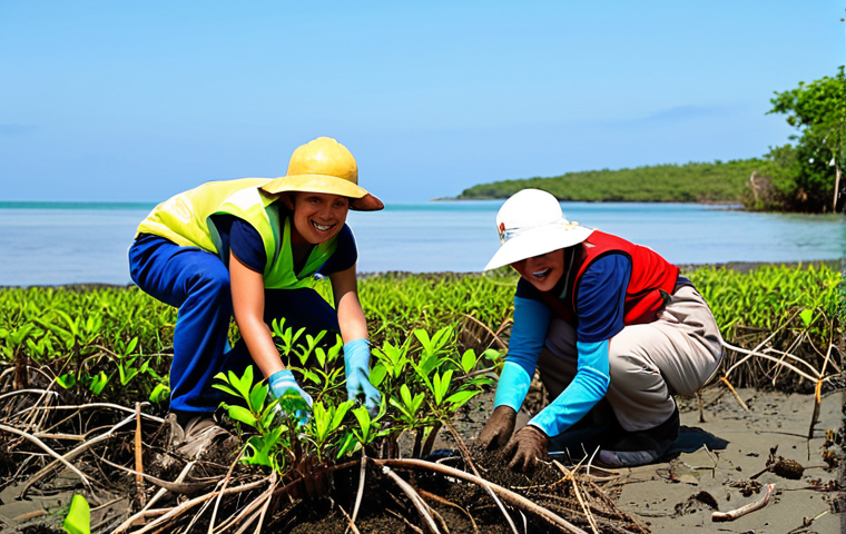 Mangrove Restoration Project**
"A group of volunteers, fully clothed in appropriate work attire, planting mangrove seedlings in a coastal area. Focus on the intricate root systems and the hopeful expression on the volunteers' faces. Background includes the ocean and a clear sky. safe for work, appropriate content, professional, perfect anatomy, natural proportions, well-formed hands, family-friendly, modest clothing."
**