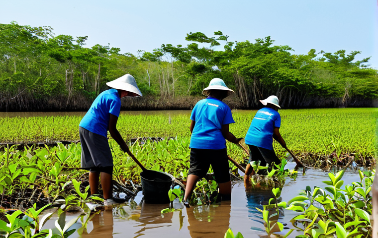 맹그로브 생태계 보존을 위한 재정적 지원 방안 - Community-Led Mangrove Restoration**
"A group of diverse, fully clothed volunteers, including local...