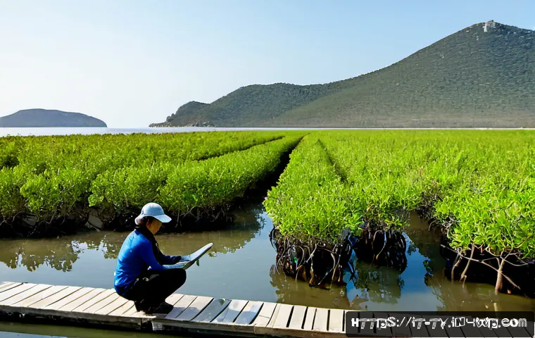 Home 10 맹그로브 생태계 보존을 위한 자원 관리 전략 - Photorealistic coastal conservation team in southern Italy surveying a mangrove restoration nursery ...