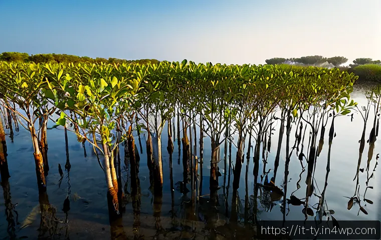 Home 28 맹그로브 숲 복원의 생물학적 기초 - Photorealistic coastal mangrove restoration site in a calm Mediterranean-style lagoon, young mangrov...