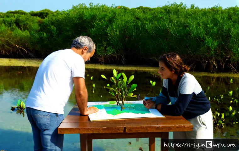 Home 15 맹그로브 생태계 보존 캠페인 기획 방법 - Photorealistic coastal wetland conservation planning scene in southern Italy, an Italian environment...